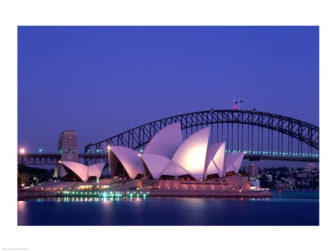 Framed Opera house lit up at dusk, Sydney Opera House, Sydney Harbor Bridge, Sydney, Australia Print