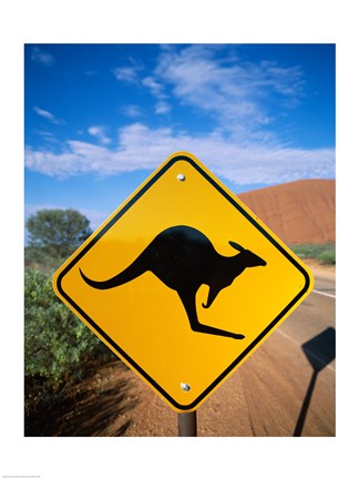 Framed Kangaroo sign on a road with a rock formation in the background, Ayers Rock Print