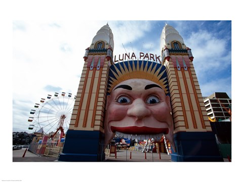 Framed Low angle view of the entrance to an amusement park, Luna Park, Sydney, New South Wales, Australia Print