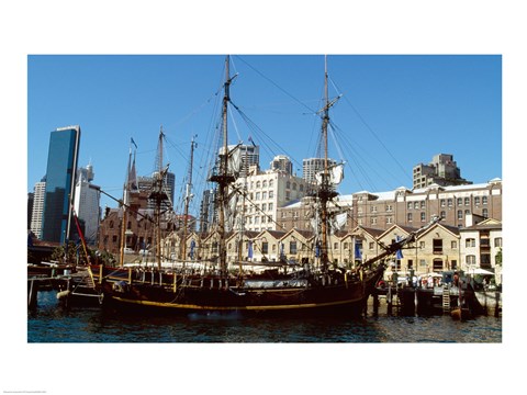 Framed Sailing ship moored in a harbor, Waterfront Restaurant, Sydney, New South Wales, Australia Print