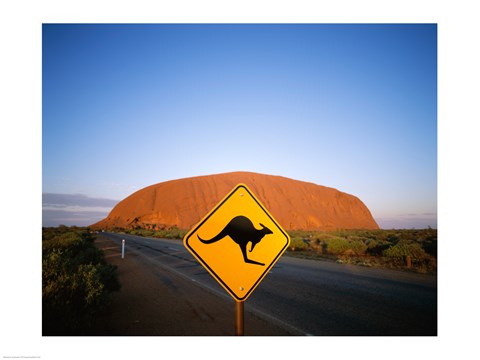 Framed Kangaroo sign on a road with a rock formation in the background, Ayers Rock Print