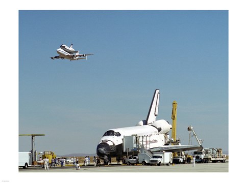 Framed Endeavour on Runway with Columbia on SCA Overhead Print