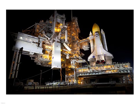 Framed STS-135 Atlantis and payload canister on Launch Pad Print