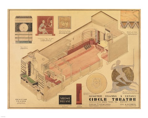Framed Circle Theatre isometric drawing 1932 Print