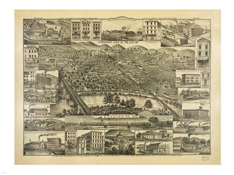 Framed Topographic View of the City of Reading PA. 1881 Print