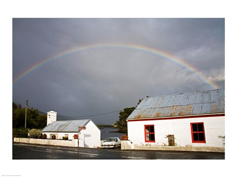 Framed Rainbow over a cottage, Cloonee Lakes, County Kerry, Munster Province, Ireland Print