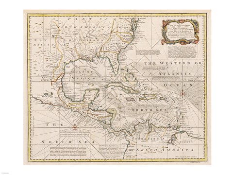 Framed 1720 Map of the West Indies with the Adjacent Coasts of North and South America Print