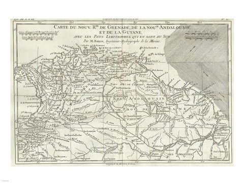 Framed 1780 Bonne Map of Northern South America, Columbia, Venezuela, Brazil Print