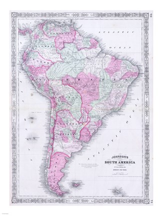 Framed 1863 Johnson's Map of South America Print