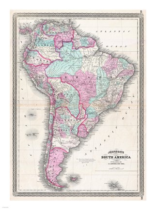 Framed 1870 Johnson Map of South America Print