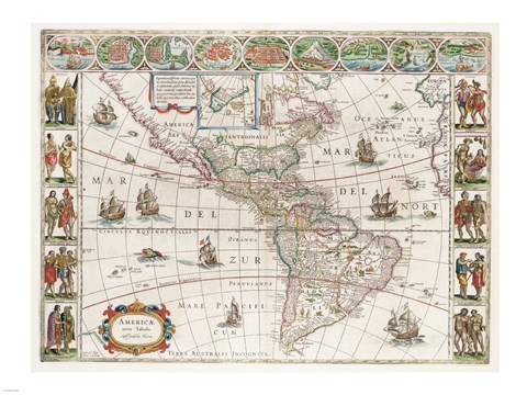 Framed Americae Nova Tabula - Map of North and South America Print