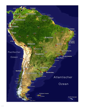 Framed South America - Satellite Orthographic Political Map Print