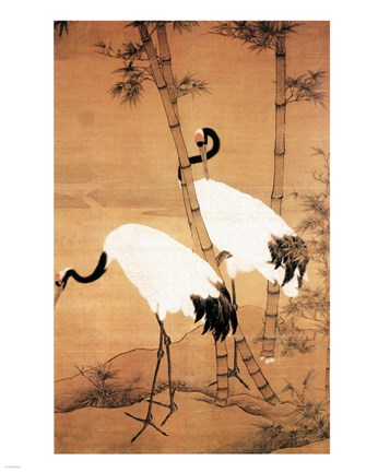 Framed Bian Jingzhao Bamboo and Cranes Print
