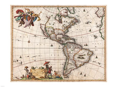 Framed 1658 Visscher Map of North America and South America Print