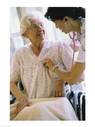 Framed Female nurse checking a female patient&#39;s heartbeat Print