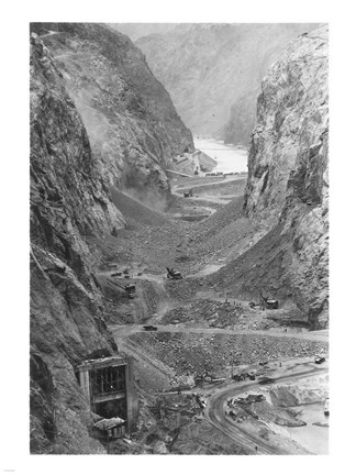 Framed Looking upstream through Black Canyon toward Hoover Dam site showing condition after diversion of Colorado River Print