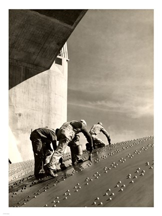 Framed Three construction workers putting a coat of paint on a slanted wall of riveted-steel plates on the Hoover Dam spillway Print