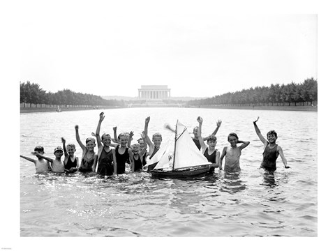 Framed Lincoln Memorial with children in the reflecting pool Print