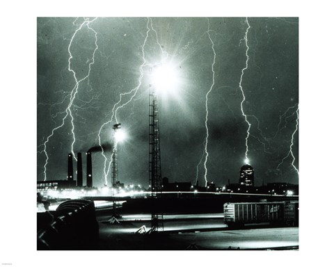 Framed Lightning storm over Boston - 1967 Print