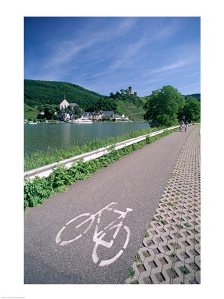 Framed Cycle, Bicycle Path and Two Cyclists, Town View, Beilstein, Mosel Valley, Rhineland, Germany Print