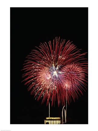 Framed Fireworks display at night with a memorial in the background, Lincoln Memorial, Washington DC, USA Print