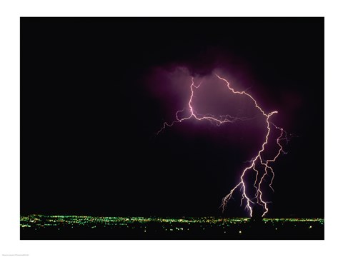 Framed Lightning over a city Print