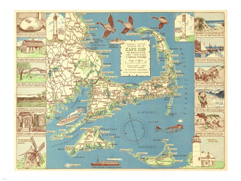 Framed 1940 Colonial Craftsman Decorative Map of Cape Cod, Massachusetts Print