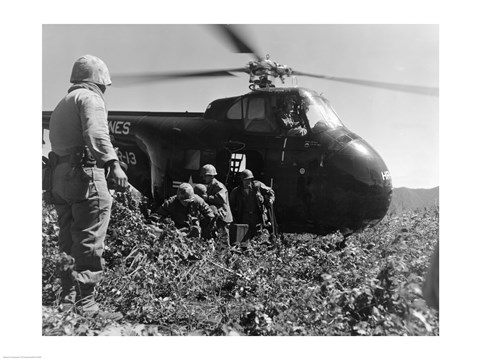 Framed Korea, US Marine Corps, soldiers exiting military helicopter Print