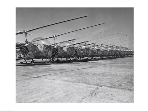 Framed Helicopters in a row, Bell H-13D, Korean War Print