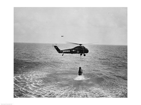 Framed Marine helicopter lifting the astronaut spacecraft out of the Ocean Print