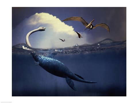 Framed Plesiosaurus and Flying Pteranodons Print