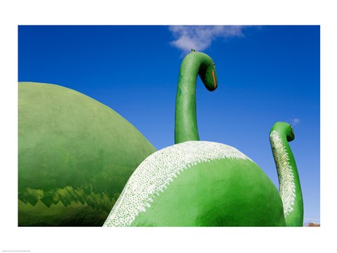 Framed Sculptures of two dinosaurs outside a rock shop, Holbrook, Route 66, Arizona, USA Print