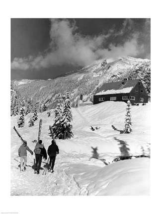 Framed USA, Washington state, three people carrying their skis Print