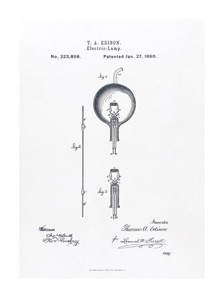 Framed Thomas Edison light bulb original patent drawing Print