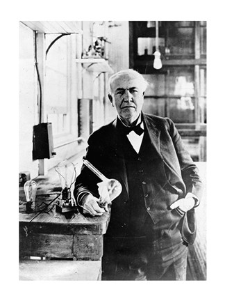 Framed Thomas Edison with the first light bulbs Print