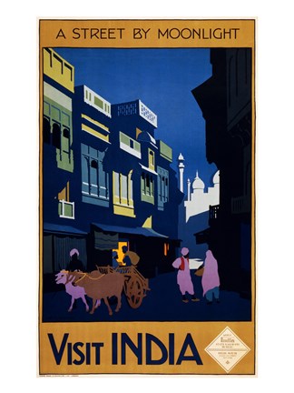 Framed Visit India, a street by moonlight, travel poster 1920 Print