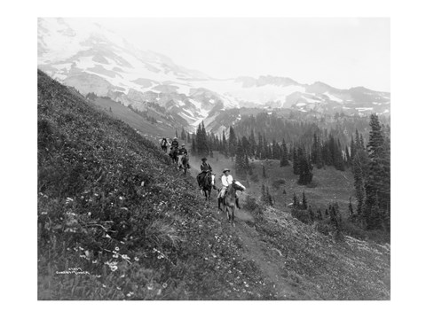 Framed People on horseback, on trail, Van Trump Park, Mt. Rainier National Park, Washington Print