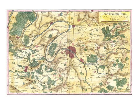 Framed 1780 Bonne Map of the Environs of Paris, France Print