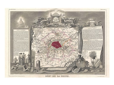 Framed 1852 Levasseur Map of the Department de la Seine Print