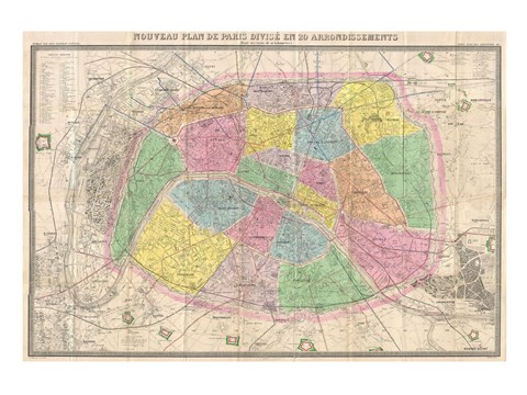 Framed 1867 colored Logerot Map of Paris, France Print