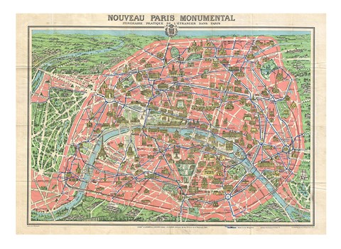Framed Map of Paris circa 1931 including monuments Print
