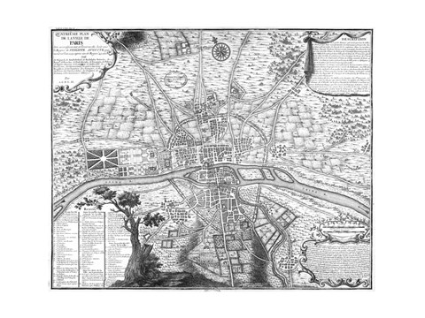 Framed Plan de Paris - black and white Print