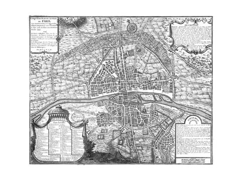 Framed Plan de Paris - black and white map Print