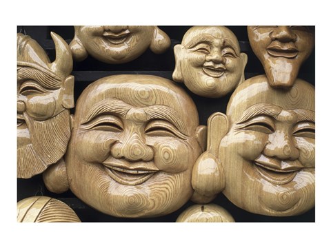 Framed Close-up of Faces of Laughing Buddha, Vietnam Print