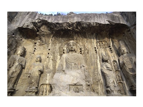 Framed Buddha Statue Carved on a wall, Longmen Caves,  ground view in China Print