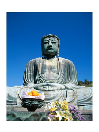 Framed Daibutsu Great Buddha, Kamakura, Honshu, Japan With Flowers Print