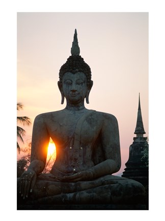 Framed Seated Buddha at Sunset, Wat Mahathat, Sukhothai, Thailand Print