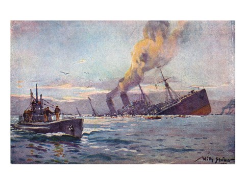 Framed U-boat Sinking a Troop Transport Ship Print