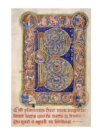 Framed Illuminated Manuscript, Psalter. Inhabited Initial B of Psalm 1 Print