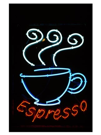 Framed Glowing Neon Sign of an Espresso Coffee Cup Print